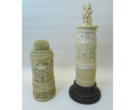 An early 20th Century Indian carved ivory Night Light with scenes of the Taj Mahal and on a wooden base.  9 1/2" (24cms) high