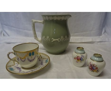 A pair of small Paragon floral decorated vases, 2 1/2" (6cms) high, a Copeland Spode hunting jug and a floral decorated cup a