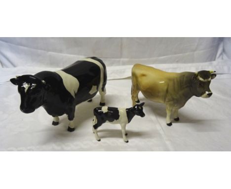 A Beswick Model of a Friesian calf No. 1249C, a Friesian bull No.1439A (horn chipped) and a Jersey bull (horn and ear with sm