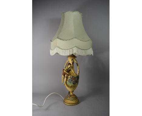 A Vintage Cold Painted Spelter Table Lamp, Boy Fishing. Complete with Shade. Lamp 54cms High 