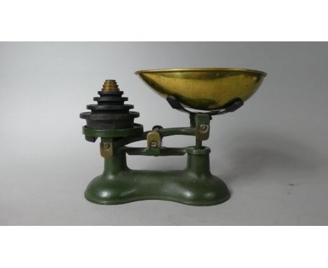 A Vintage Green Painted Set of Victor Scales Together with Graduated Weights 