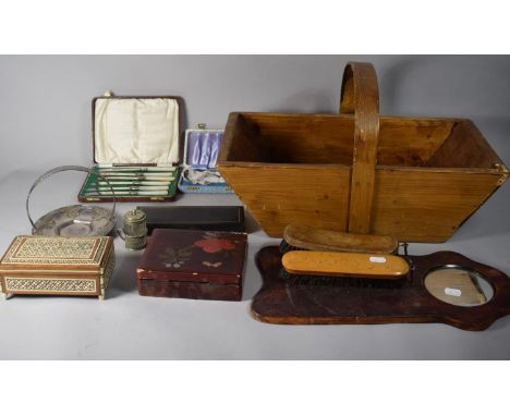 A Wooden Flower Trug Containing Hall Mirror, Two Boxes and Small Collection of Silver Plate 