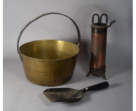 A Vintage Brass Jam Kettle, an Oxidised Fire Tidy and a Coal Shovel 