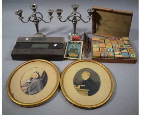 A Vintage Set of Child's Building Blocks, Pair of Hand Coloured Photos of Boy and Girl, Three Pianola Rolls and a Pair of Pla