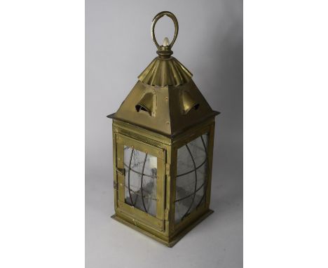 A Brass Hall Lantern Light Fitting, 41cms High (One Glass Pane Missing) 