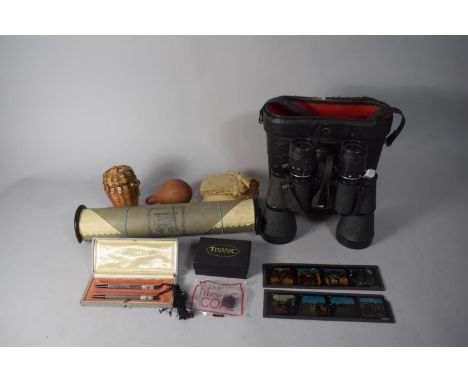 A Collection of Sundries to Include Cased Binoculars, Magic Lantern Slides, Titanic Coal, Bridge Pencils Etc. 