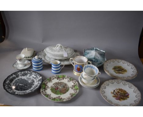 A Royal Doulton Lidded Tureen, Blue and White Safari Plate, Limited Edition Spode Loving Mug, Cornish Ware Style Jug and Suga