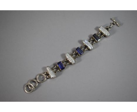 A Silver Man Made Sapphire and Pearl Bracelet, Stamped 925 