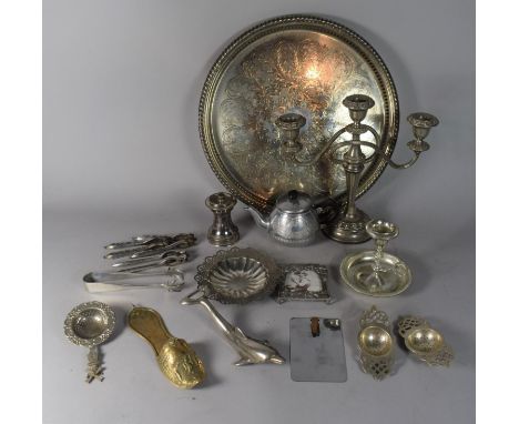 A Circular Silver Plated Gallery Tray, Candelabra, Nut Crackers and Other Items 