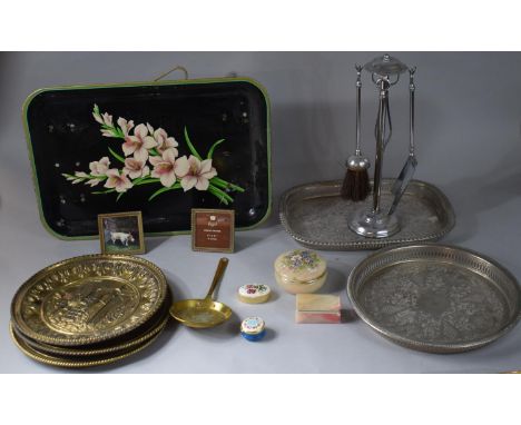 A Collection of Metalwares to Include Silver Plate Galleried Trays, Fire Tidy, Pressed Brass Chargers, Onyx Boxes, Enamelled 