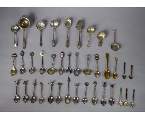 A Collection of Souvenir Spoons and Caddy Spoons to Include Silver Plate, White Metal, Enamelled Examples Etc. 
