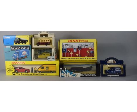 A Collection of Three Boxed Corgi Classics Lorries, Dinky Road Sign Set, Only Fools and Horses Reliant, AA Breakdown Set Etc.