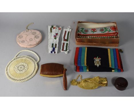 A Collection of Vintage Beadwork Purses and Belts, Misers Purse, Leather Powder Compact Etc. 