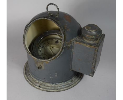A Grey Painted Metal Binnacle, Sestrel Compass with Ring Carrier and Side Lamp, 27cms High