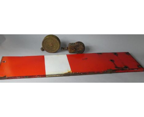A Vintage L.M.S Railway Enamelled Semaphore Signal Sign Together with Two Signal Weights One GER &amp; The Other SR 1937 7LBS