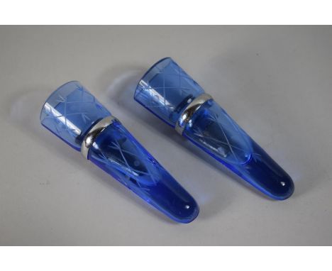 A Pair of Vintage Car Blue Glass and Chrome Posy or Buttonhole Holders with Sprung Clip Holders, Each 14.5cms High 