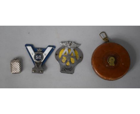 Two Vintage Car Badges To include AA and Veteran Motorist Club 58 Together with a Silver Plated Vesta Case and a Leather Moun