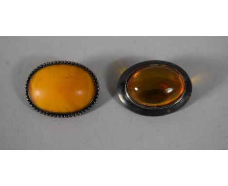 Two Silver and Amber Oval Brooches, 3.25cms Wide 