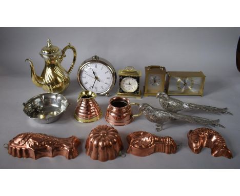 A Collection of Metalwares to Include Quartzmatic Mantle Clock by Seth Thomas, Copper Jelly Moulds, Silver Plated Cock Pheasa