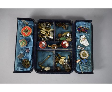 A Small Vintage Jewellery Box Containing Enamel Badges, Cufflinks, Studs Etc. 