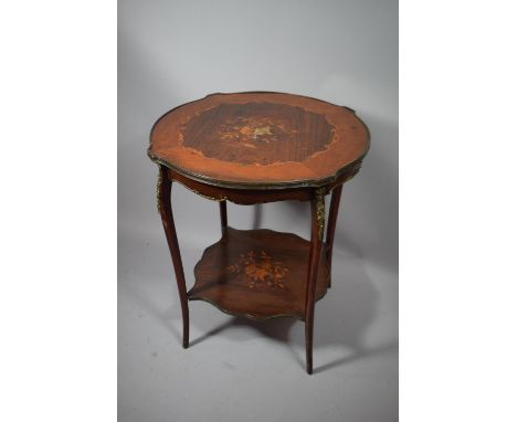 An Edwardian French Ormolu Mounted Circular Inlaid Mahogany and Rosewood Table with Stretcher Shelf (Some Losses to Top) 