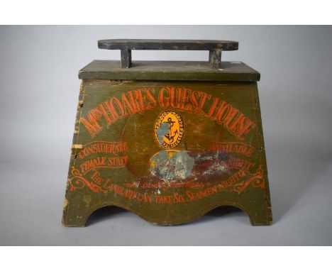 A Vintage Style Pine Shoe Cleaning Box with Painted Decoration, 'Mrs Hoares Guest House', Hinges in Need of Attention, 36cms 