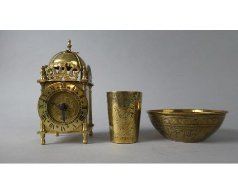 An Indian Brass Beaker with Engraved Bird &amp; Floral Decoration Together with an Islamic Niello Bowl and a Smiths Brass Lan