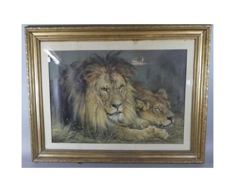 A Large Gilt Framed Pears Print of Lion and Lioness After Sir Edwin Landseer, 67 x 48cms 