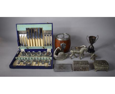 A Collection of Silver Plated Items to Include Canteen of Cutlery, Biscuit Barrell (AF), Cigarette Case, Casket Jewellery Box