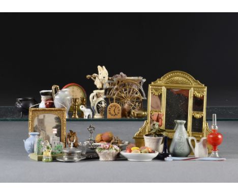 Dolls’ house chattels: a gilt painted soft metal drinks trolley - 31?2in. (9cm.) long (missing tray?); cruet stand; a gold pa