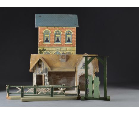 A modern paper-covered small dolls’ house, with printed detail - 111?4in. (281?2cm.) high; a painted wooden farm building; a 