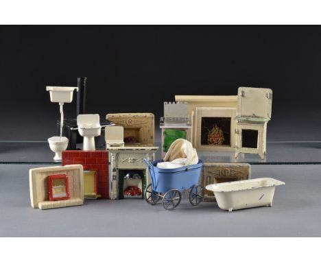 Dolls’ house fireplaces and other metal items: including a wooden Art Deco painted fireplace with battery operated red light 