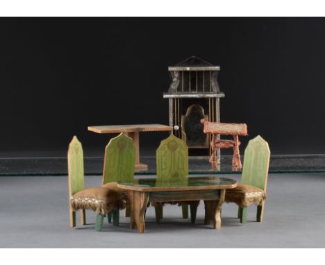 Art Nouveau dolls’ house furniture: a set of four high back green stained chairs with upholstery and fringing - 33?4in. (91?2