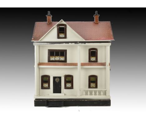 A G & J Lines dolls’ house No.37 1915, cream painted wit pillared portico, front door with lion knocker, tinplate windows, br