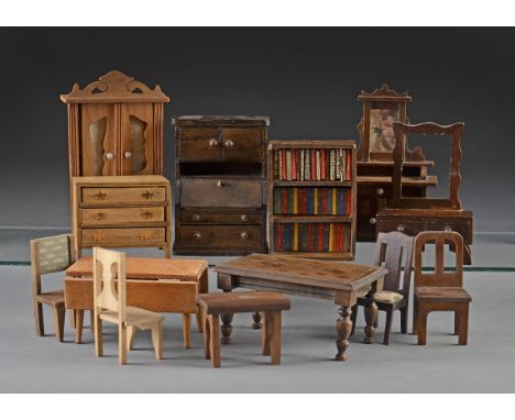 A quantity of dolls’ house furniture: including a book case of books, top row removable paper books, the bottom two wooden du