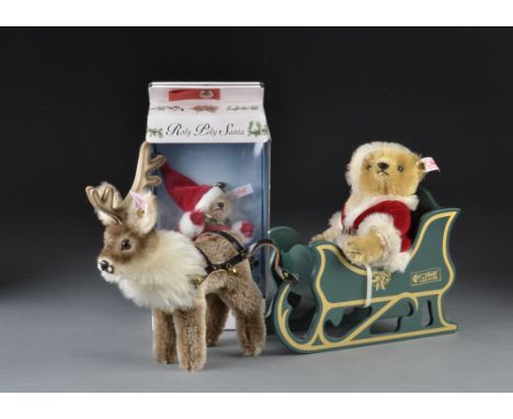 A Steiff Limited Edition Roly Poly Santa bear, 807 of 500, in original box, 2003; and Santa Claus teddy bear, sleight and rei