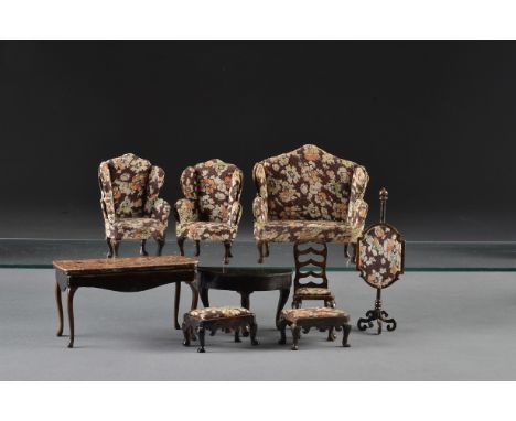 Tri-ang Period dolls’ house furniture: comprising two Queen Anne wing chairs, a Settee, two foot stools, a pole Fire Screen, 