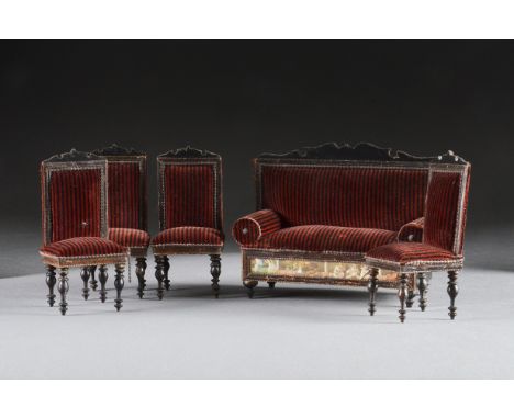 A German upholstered sitting room set, comprising a sofa in dark wood with dark red and black striped velvet upholstery, embo