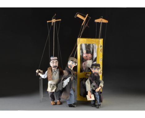 Three Czech Republic rod puppets: comprising two postmen and U Fleku bar man, composition and cloth with wooden handles - 20i