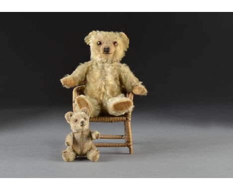 A small Chiltern Hugmee teddy bear 1930s, with golden mohair, orange and black glass eyes, pronounced muzzle, black stitched 