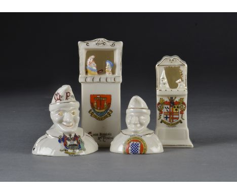 Five crested china Punch and Judy items: comprising a Carlton China Folkstone Punch & Judy booth - 51?4in. (131?2cm.) high; a