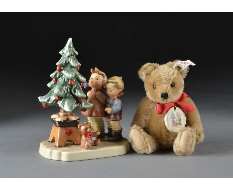 A Steiff Limited Edition for Hummel ‘Wonder of Christmas’, 9897 of 20000, jointed mohair teddy bear and porcelain group of tw
