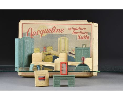 A boxed set of Jacqueline Miniature Furnishing Suite, texture painted steel bedroom set comprising two single beds, wardrobe,