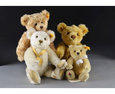 Four Steiff yellow tagged teddy bears: The British Isle Bear, with a Steiff box; and Danbury Mint bears for the Millennium, 2