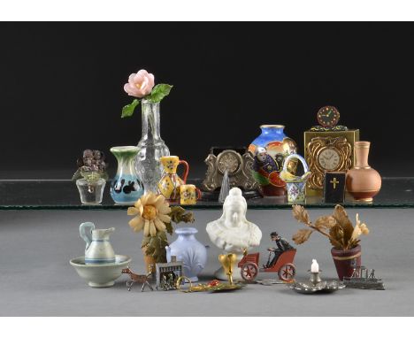 Dolls’ house chattels: including a gilt metal chamber stick; three pieces of Devres china (one restored); flower pots; and ea