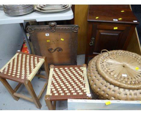A pair of two-tone rush covered stools and a metal vintage firescreen and a Alibaba basket