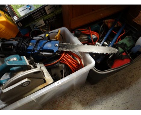 Two tubs of electrical tools removed from a garage as part of a house clearance including chainsaw, Black & Decker circular s