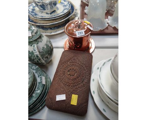 An Art Nouveau copper tea caddy and an Indian carved cigarette box 