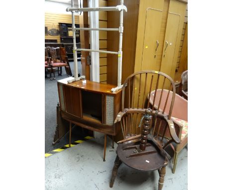 An antique commode, a loom chair, a damaged Windsor chair, towel rail etc