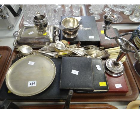 A quantity of mixed electroplate including loose and cased cutlery, entree dish, candelabra etc